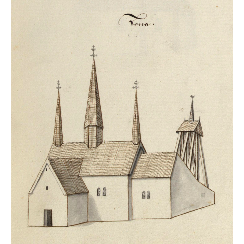Source caption: "Kungslena kyrka. Kyrka, äldre, teckning ur Peringskiölds Monumenta, avfotograferad i färg."