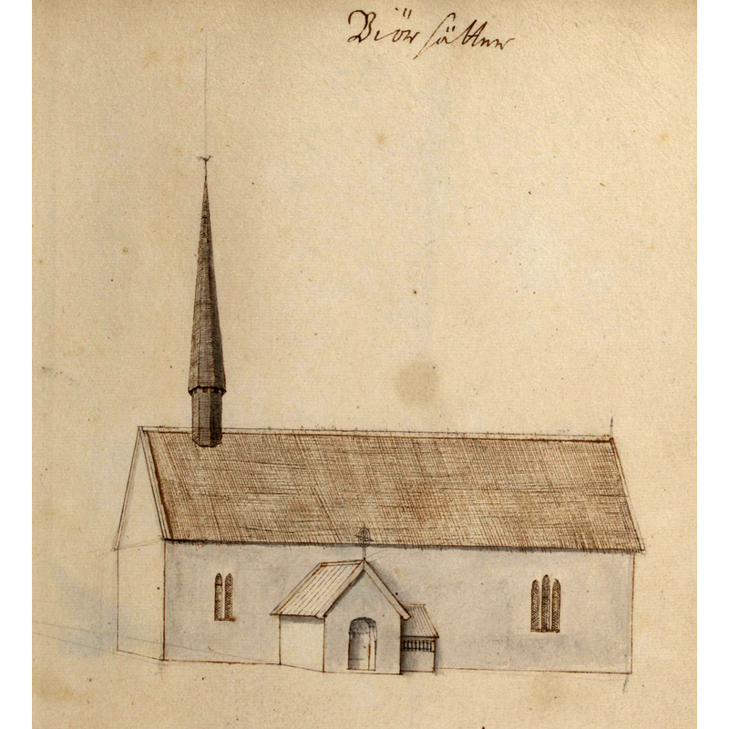 Source caption: "Björsäters kyrka, Skara stift. Kyrka, äldre, teckning ur Peringskiölds Monumenta, avfotograferad i färg. [...] 	circa 1700 "