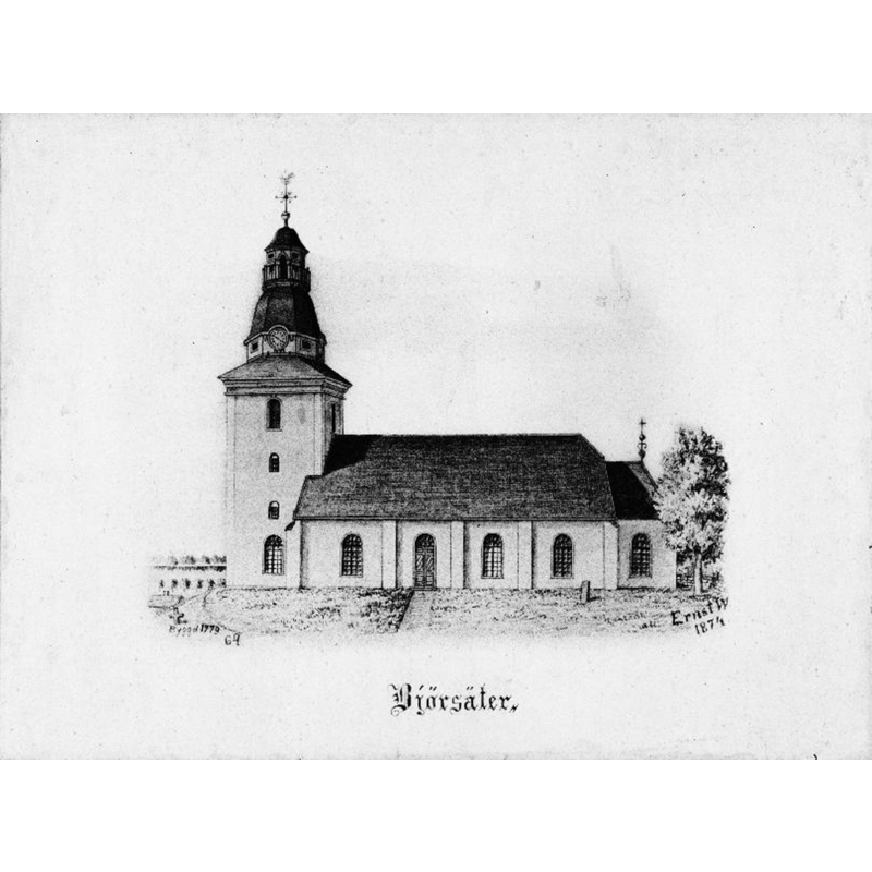 Source caption: "Björsäters kyrka [...] från söder. Tryck efter teckning av Ernst Wennerblad, 1874."