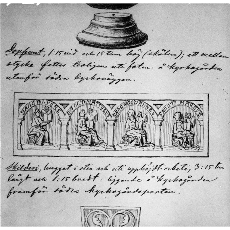 unfortunately the KMB image trimmed the top of the page with the view of the basin; the caption mentions that the old font was in the churchyard, off the south side of the church road -- the rest of the image refers to a late-medieval stone relief with the Four Evangelists