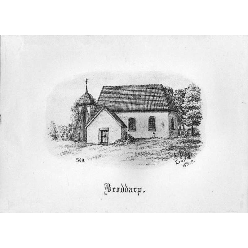 the old parish church in 1891 -- Source caption: "Gamla kyrkan från söder. Tryck efter teckning av Ernst Wennerblad, 1891."