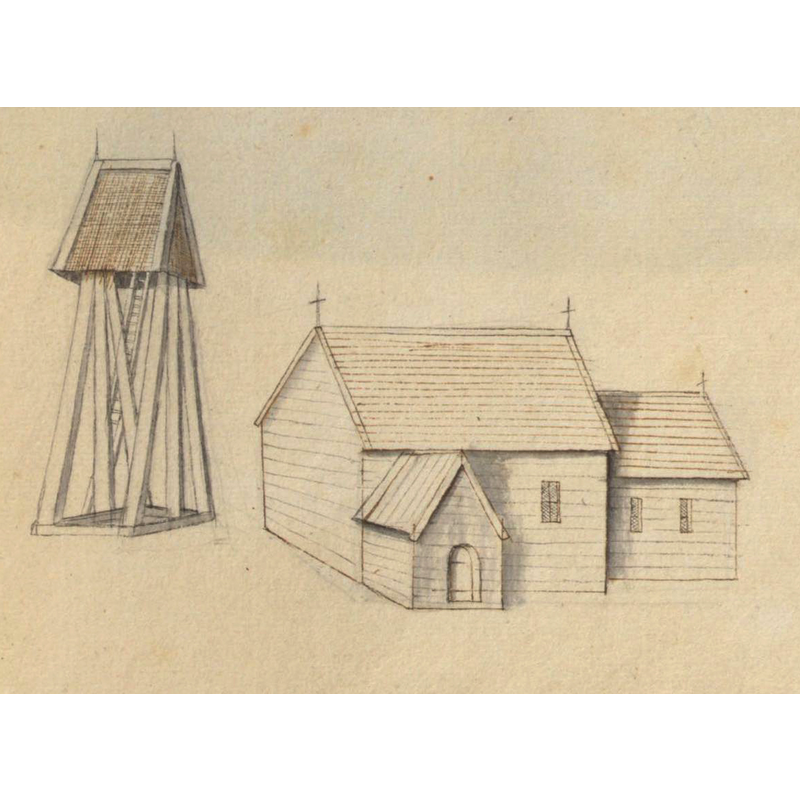 Source caption: "Bäcks kyrka. Kyrka, äldre, teckning ur Peringskiölds Monumenta, avfotograferad i färg."