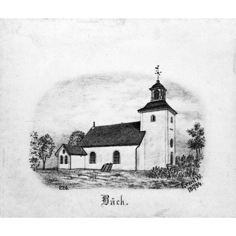 Source caption: "Kyrkan från nordväst. Tryck efter teckning av Ernst Wennerblad, 1894."