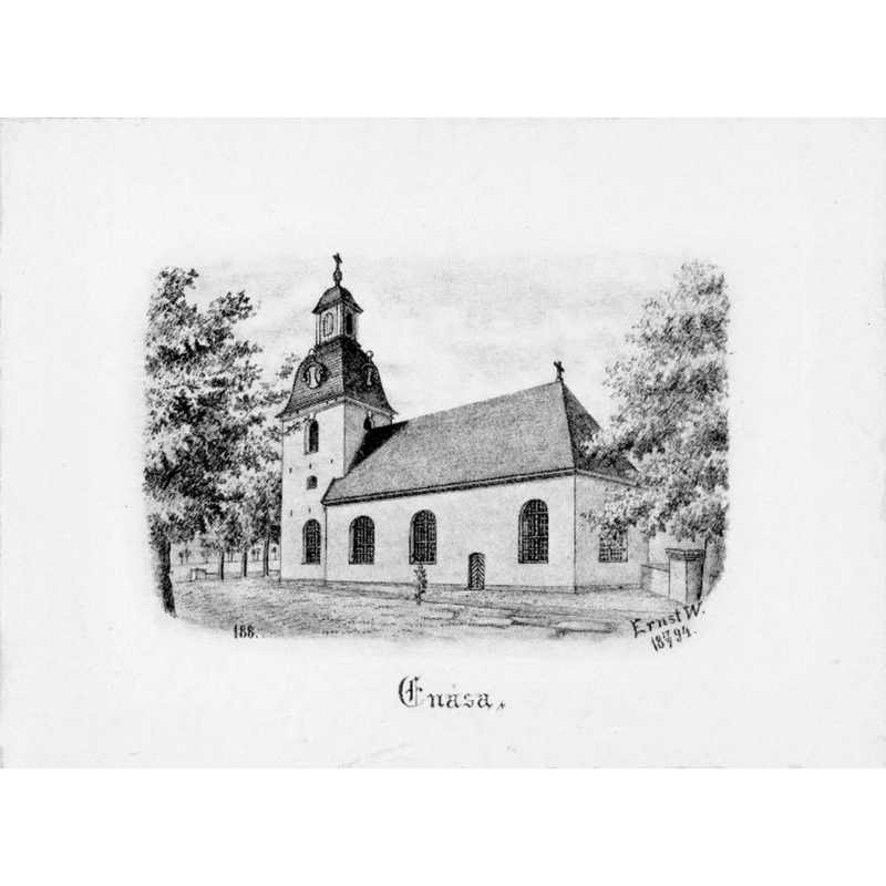Source caption: "Enåsa kyrka [...] Kyrkan från sydöst. Tryck efter teckning av Ernst Wennerblad 1894.."