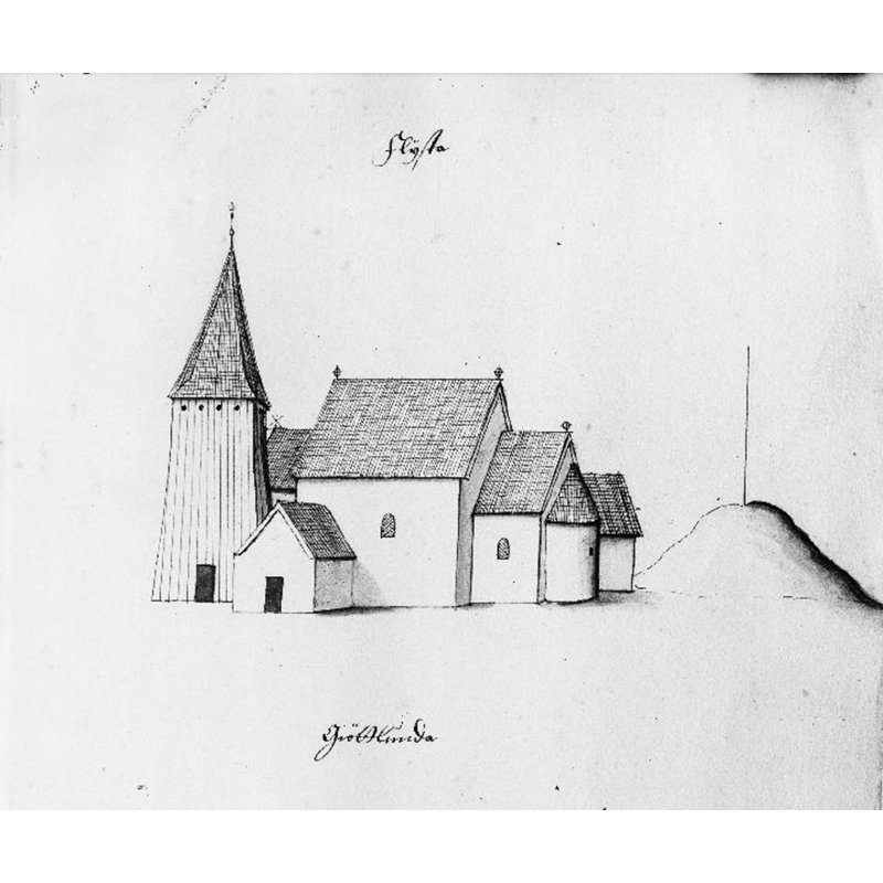the church and its detached bell tower before its 18thC re-building -- Source caption: "Flistads kyrka [...] Kyrkan från söder med klockstapel och storhög. Foto efter teckning ur Peringskiölds Monumenta."