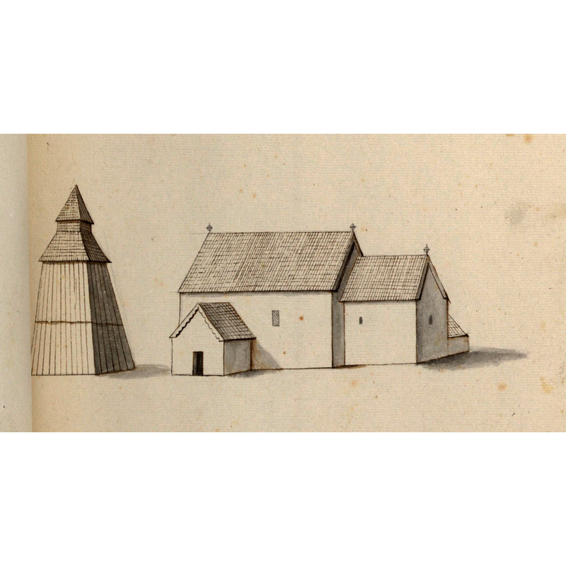 Source caption: "Frösve kyrka. Kyrka, äldre, teckning ur Peringskiölds Monumenta, avfotograferad i färg. [...] End of the 17th century"