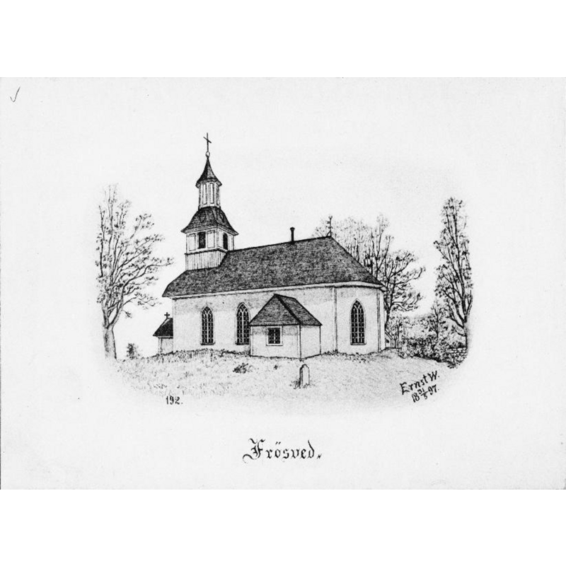 Source caption: "Frösve kyrka [...] Kyrkan från sydöst, efter Ernst Wennerblads teckning, 1897."