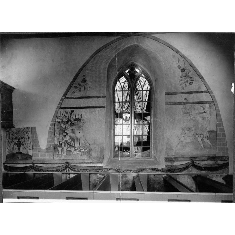 hidden by an earlier renovation these 17thC paintings were uncovered in the early-20thC restoration -- Source caption: "Frösve kyrka [...] Kalkmålning, norra väggen, 1600-talet."
