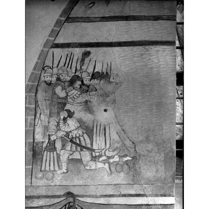 hidden by an earlier renovation these 17thC paintings were uncovered in the early-20thC restoration -- Source caption: "Frösve kyrka [...] Kalkmålning, norra väggen, 1600-talet. Efter konservering."