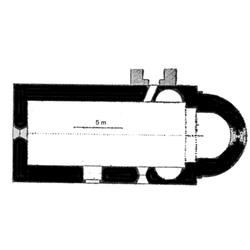 notice the tower added to the north side -- Source caption: "Plan de l'église Saint-Étienne de Sahorre, d'après J-A Brutails et Noël Bailbé."