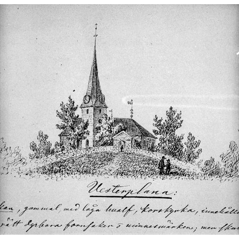 the canonical orientation of the building had been changed in the 18thC modifications, pointing the chancel towards the south, instead of te east -- Source caption: "Kyrkans exteriör och omgivning. Foto efter teckning ur P.A. Säve Berättelse från 1863 (sid. 6, ATA)."