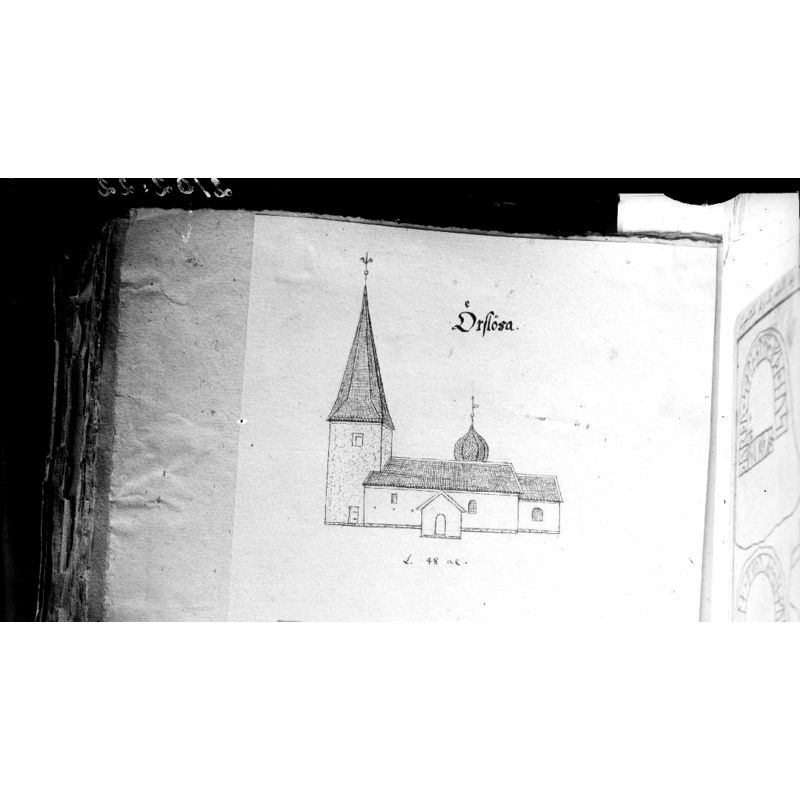 Source caption: "Örslösa kyrka [...] Äldre bild av kyrkan. Foto efter teckning i Peringskiölds monumenta."