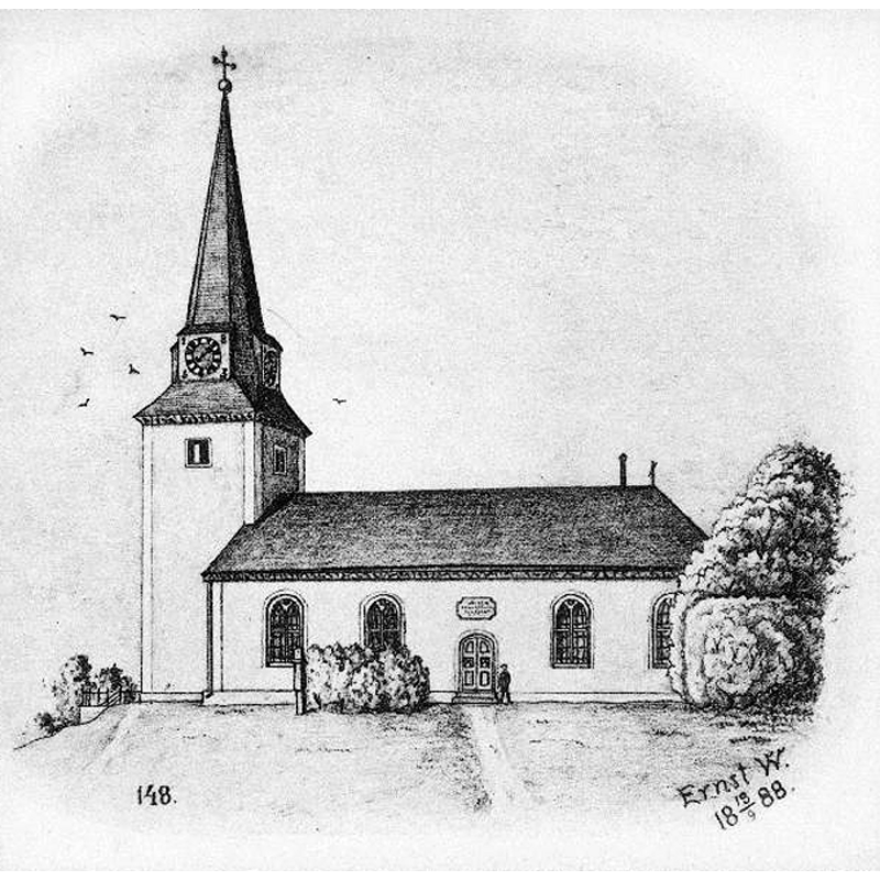 Source caption: "Örslösa kyrka [...] Kyrkans från syd. Tryck efter teckning av Ernst Wennerblad, 1888."