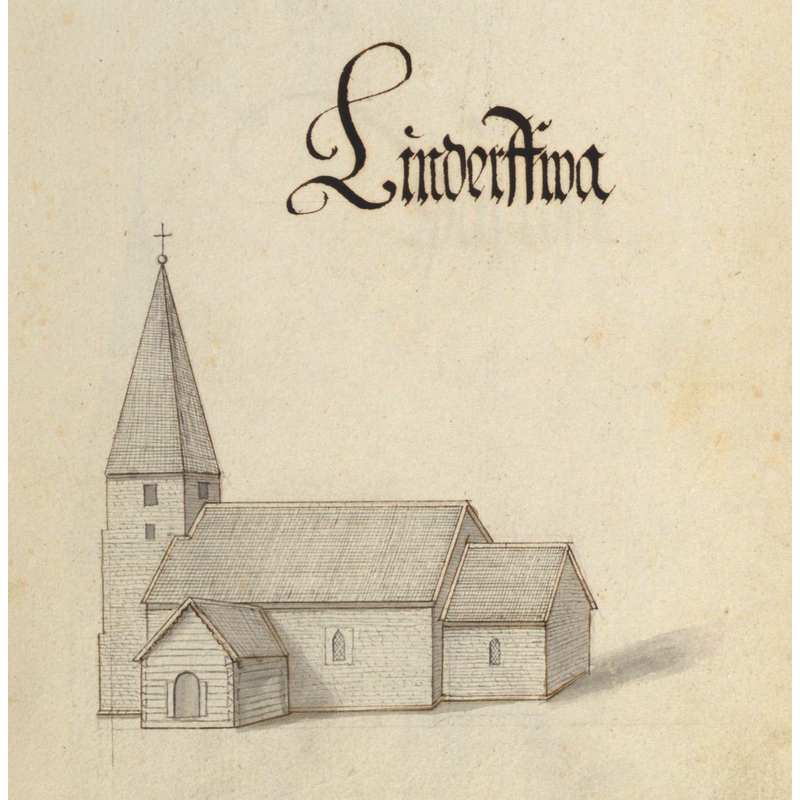 Source caption: "Lindärva kyrka. Kyrka, äldre, teckning ur Peringskiölds Monumenta, avfotograferad i färg."