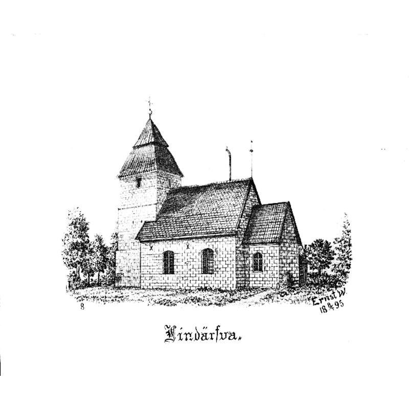 Source caption: "Lindärva kyrka. [...] Kyrkan från söder. Tryck av teckning av Ernst Wennerblad, 1895."