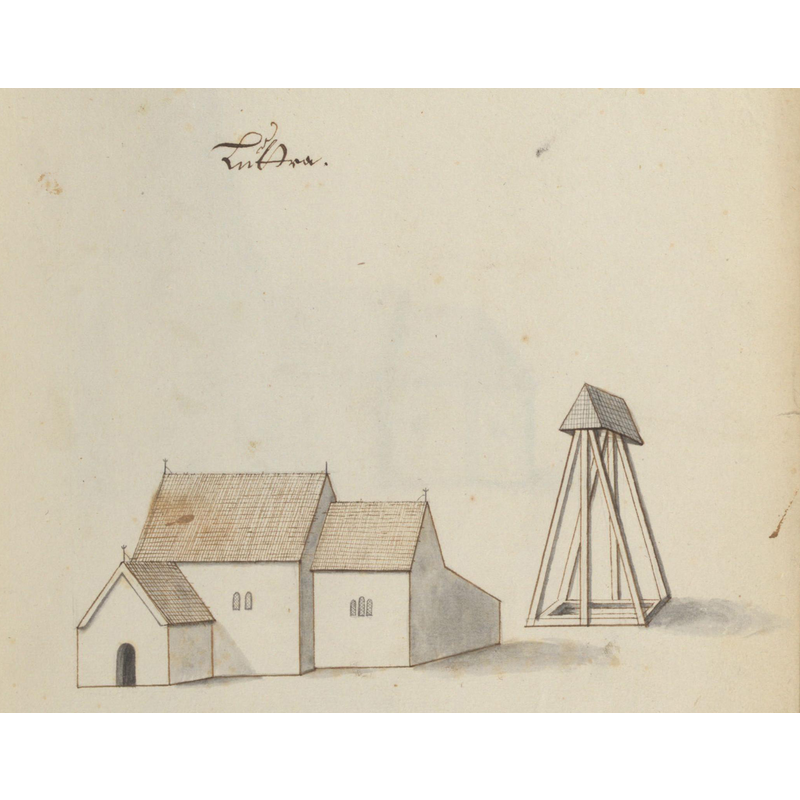 Source caption: "Luttra kyrka. Kyrka, äldre, teckning ur Peringskiölds Monumenta, avfotograferad i färg."