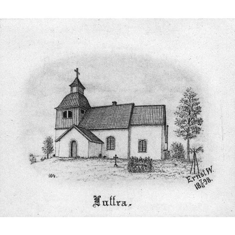 Source caption: "Luttra kyrka. Kyrkan från söder, efter teckning av Ernst Wennerblad, 1898."