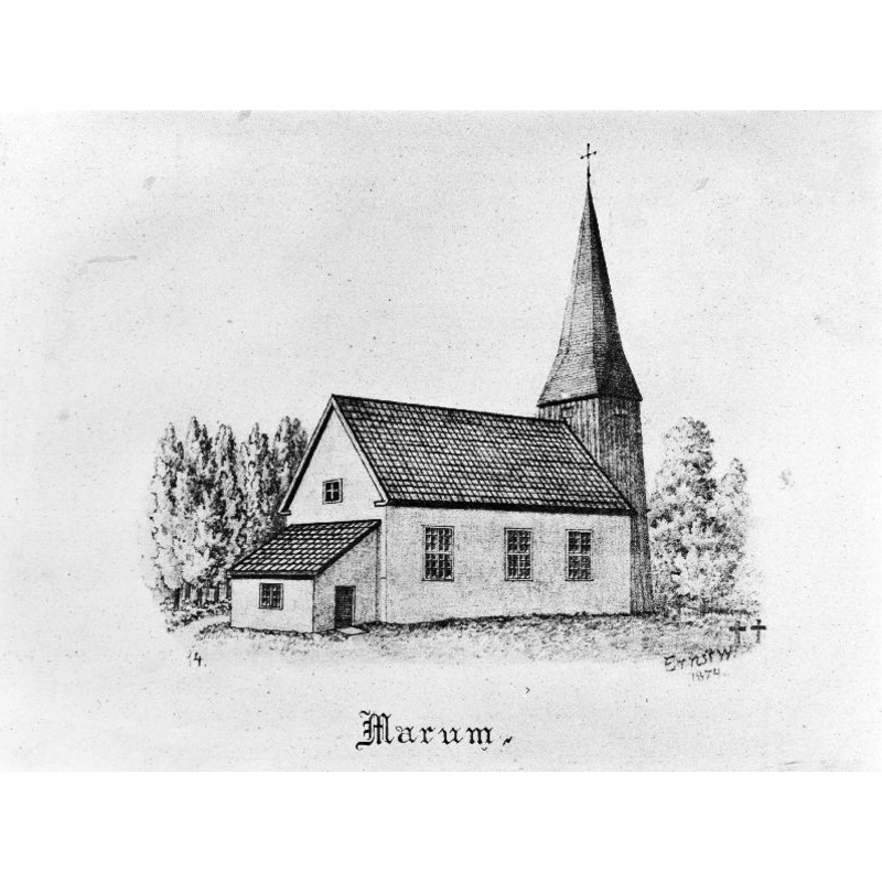 Source caption: "Marums kyrka [...] Kyrkan från nordöst, efter teckning av Ernst Wennerblad, 1874, avfotograferad."