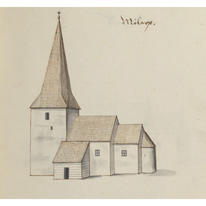 Source caption: "Mularps kyrka. Kyrka, äldre, teckning ur Peringskiölds Monumenta, avfotograferad i färg."