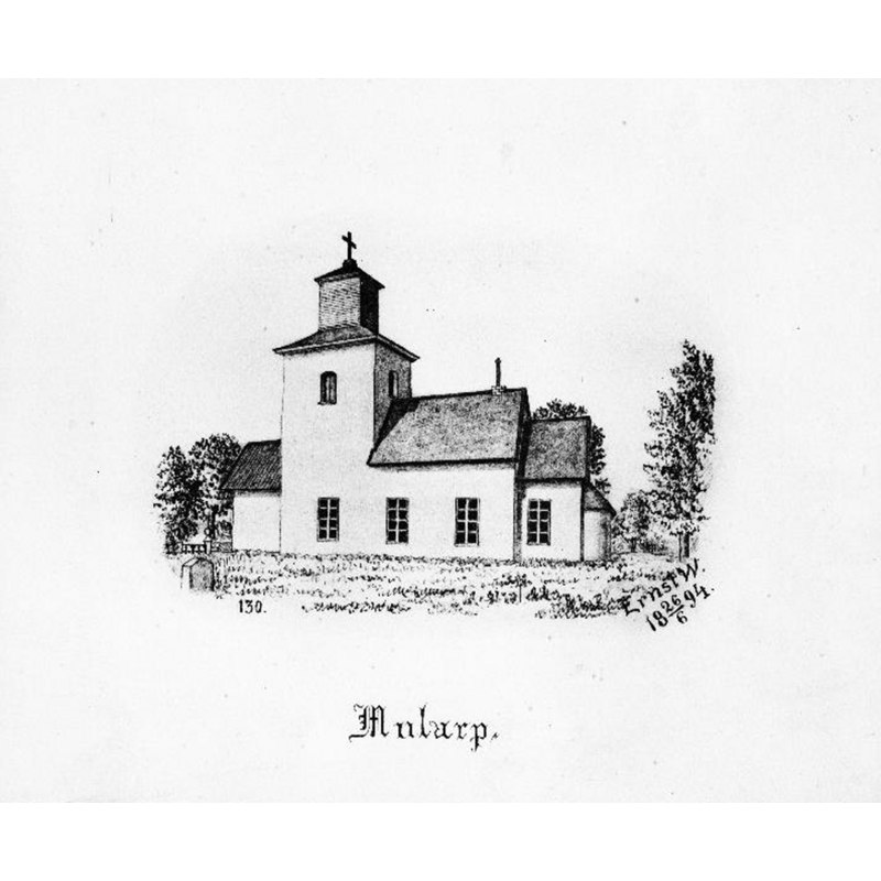 Source caption: "Mularps kyrka [...] Kyrkan från sydöst. Tryck efter teckning av Ernst Wennerblad 1894."