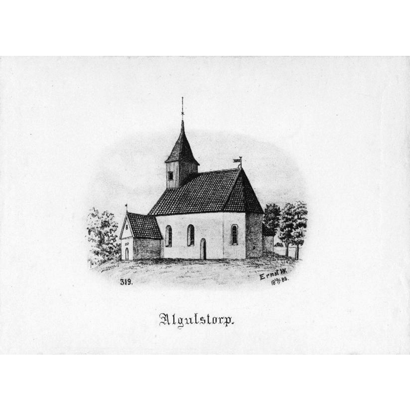 Source caption: "Algustorps kyrka [...] Kyrkan från sydöst. Teckning ur Ernst Wennerblads "Skara stifts kyrkor"."
