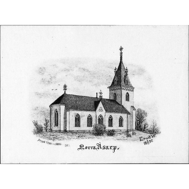 Source caption: "Åsarp-Smula kyrka [...] Kyrkan från nordöst, efter teckning av Ernst Wennerblad, 1897."