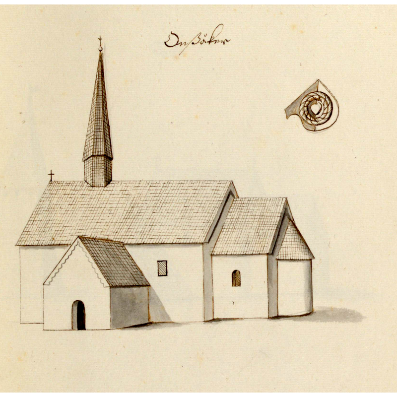 Source caption: "Odensåker kyrka. Kyrka, äldre, teckning ur Peringskiölds Monumenta, avfotograferad i färg."