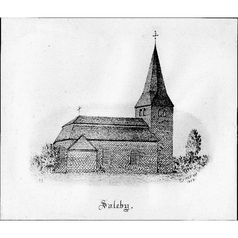 the old church would be replaced in 1894 -- Source caption: "Saleby kyrka [...] Kyrkan från nordöst. Tryck efter teckning av Ernst Wennerblad 1873."
