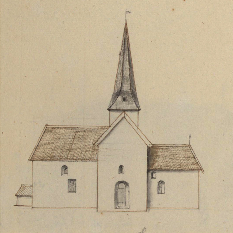 Source caption: "Sveneby kyrka. Kyrka, äldre, teckning ur Peringskiölds Monumenta, avfotograferad i färg."