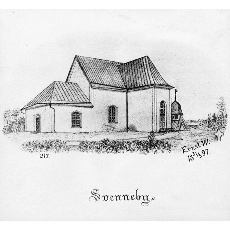 Source caption: "Sveneby kyrka [...] Kyrkan från sydväst. Tryck efter teckning av Ernst Wennerblad 1897."