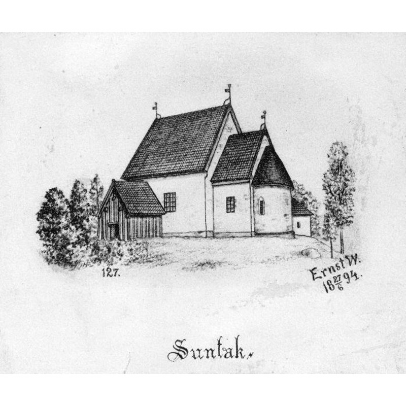Source caption: "Suntak's gamla kyrka [...] Kyrkan från sydöst. Tryck efter teckning av Ernst Wennerblad, 1894."