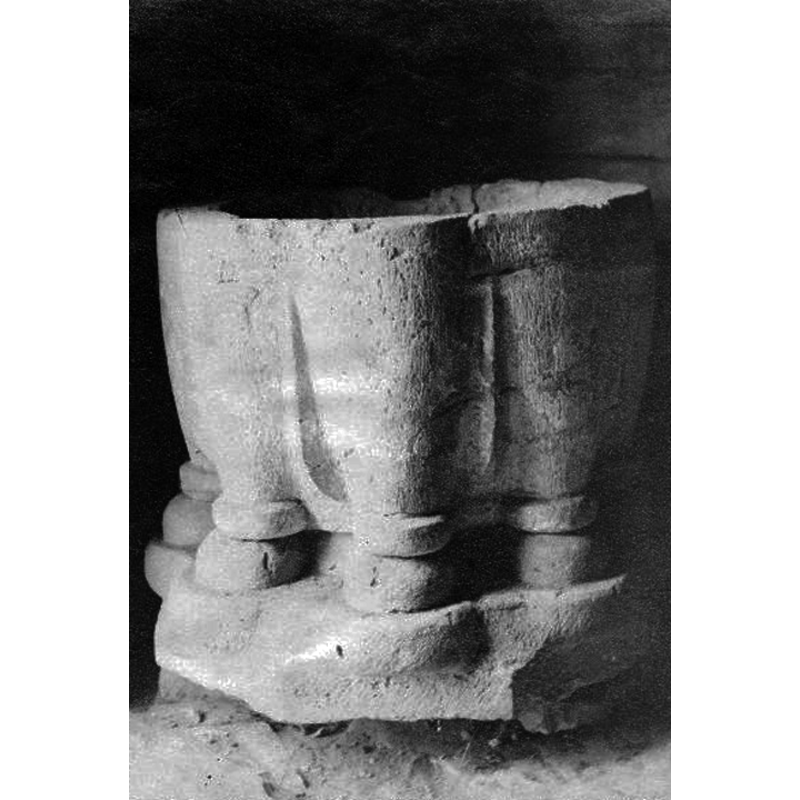 the medieval font photographed in the old church, before its removal to the new church after 1902 -- Source caption: "Suntaks kyrka [...] Dopfunt, sandsten(?), 1100-talet.[...] 1891"