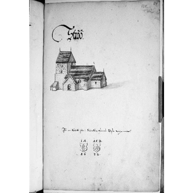 Source caption: "Strö kyrka [...] Kyrkan från söder, teckning i Peringskiölds Monumenta, avfotograferad."