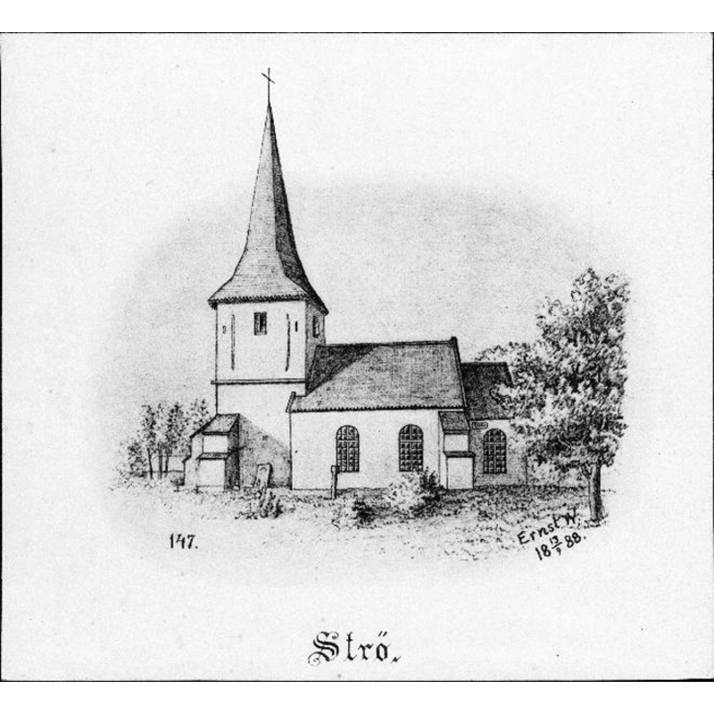 Source caption: "Strö kyrka [...] Kyrkan från söder, efter teckning av Ernst Wennerblad, 1888."