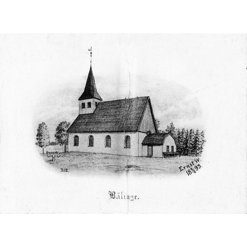 Source caption: "Bälinge kyrka [...] Kyrkan från sydöst. Tryck efter teckning av Ernst Wennerblad 1893."