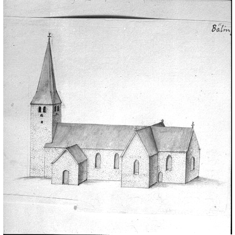 Source caption; "Bälinge kyrka [...] Kyrkan mot söder. Foto efter teckning ur Peringskiöld: Monumenta."