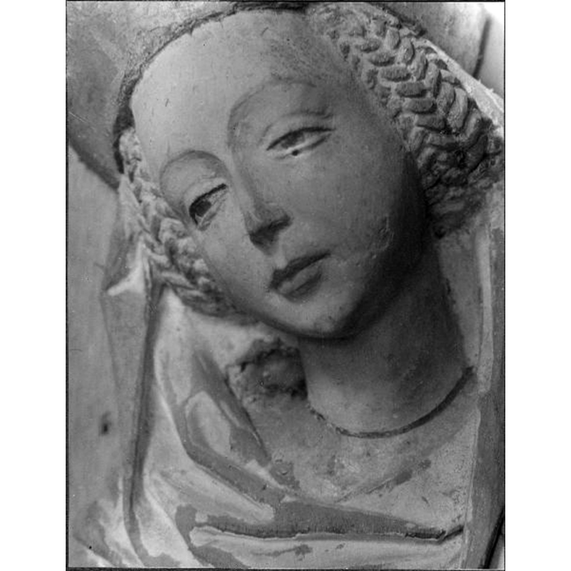 Source caption: "Bälinge kyrka [...] Altarskåp, tillverkat av Johannes Stenrat i Lübeck 1471, detalj, kvinnligt helgon, ansiktet."