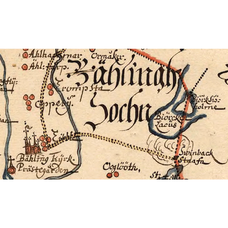 Source caption: "Del av Karta över Tystberga och Bälinge socken, Södermanland visande Måstena och Bälinge kyrka [...] 	1678"