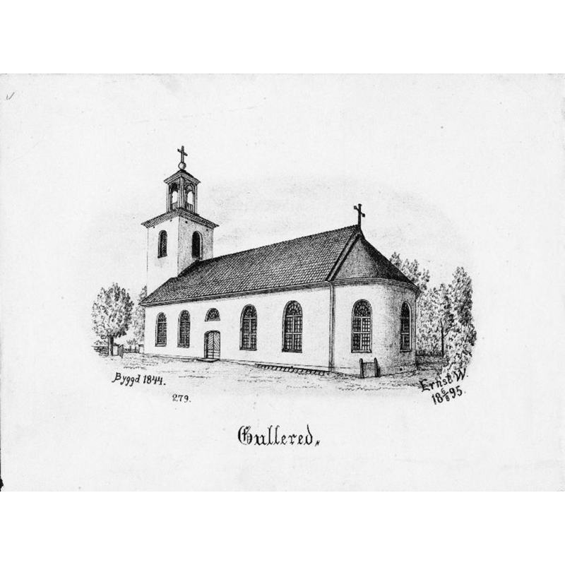 Source caption: "Gullereds kyrka [...] Kyrkan från sydöst, efter Ernst Wennerblads teckning, 1895."