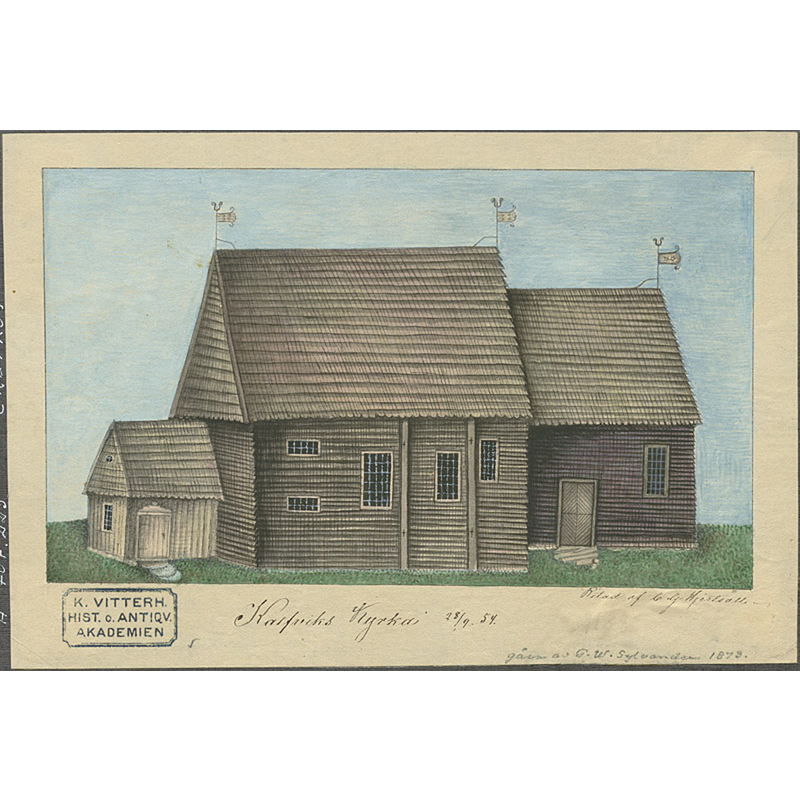 waterccolour painting of the old wooden church about a year before it was demolished -- Source caption: "Kalvsviks [gamla] kyrka [...] Raä-nr: Kalvsvik 13:1. Medeltida träkyrka, riven 1855. Akvarell och krita av C.G. Hjertsäll 28 september 1854."