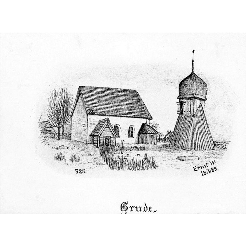 Source caption: "Grude kyrka [...] Kyrkan och klockstapeln från sydväst. Tryck efter teckning av Ernst Wennerblad 1889."