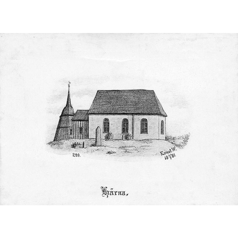 Source caption: "Härna kyrka [...] Kyrkan och klockstapeln från söder, efter teckning av Ernst Wennerblad, 1881."