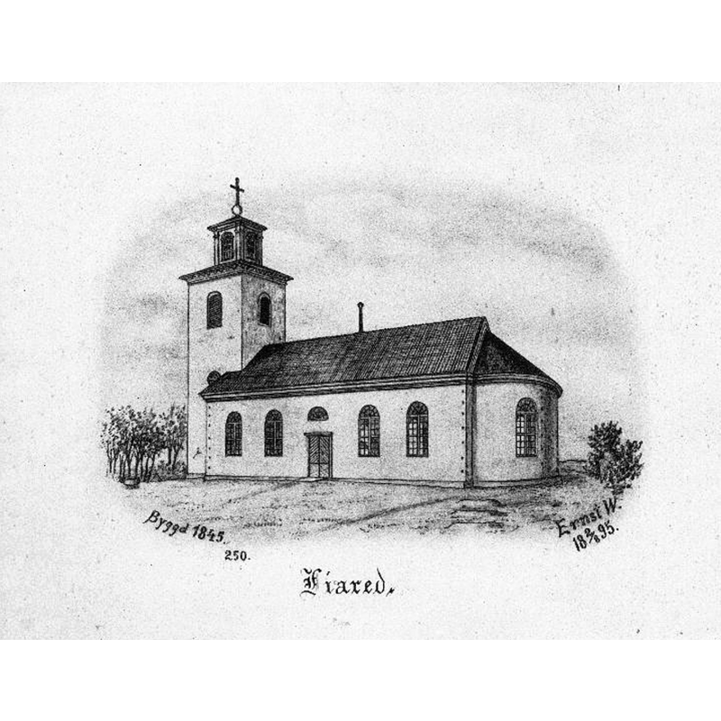 Source caption: "Liareds kyrka [...] Kyrkan från sydöst. Tryck av teckning av Ernst Wennerblad, 1895." [NB: as Wennerblad's drawing records, this was built in 1845 to replace the medieval church here]