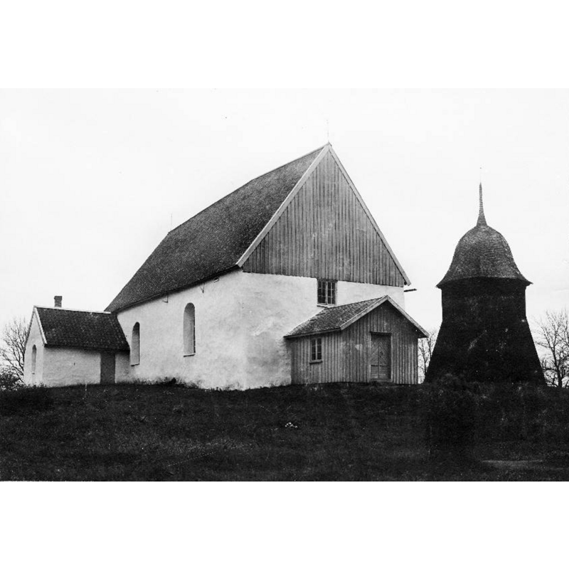 Source caption: "Ods kyrka [...] Kyrkan och klockstapeln från nordväst."