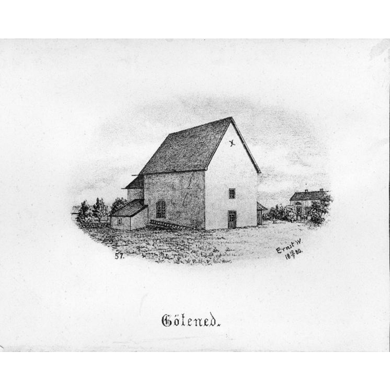 Source caption: "Götene kyrka [...] Kyrkan från nordväst. Tryck efter teckning ur Ernst Wennerblads Skara stifts kyrkor. 1880."