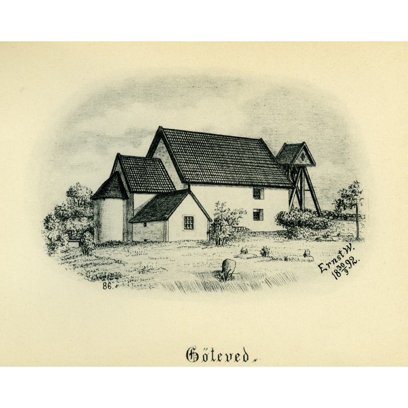 Source caption: "Göteve kyrka år 1892 i Vilske härad, Skara stift, Västergötland, Sverige. Teckning av Ernst Wennerblad ur Skara stifts kyrkor"