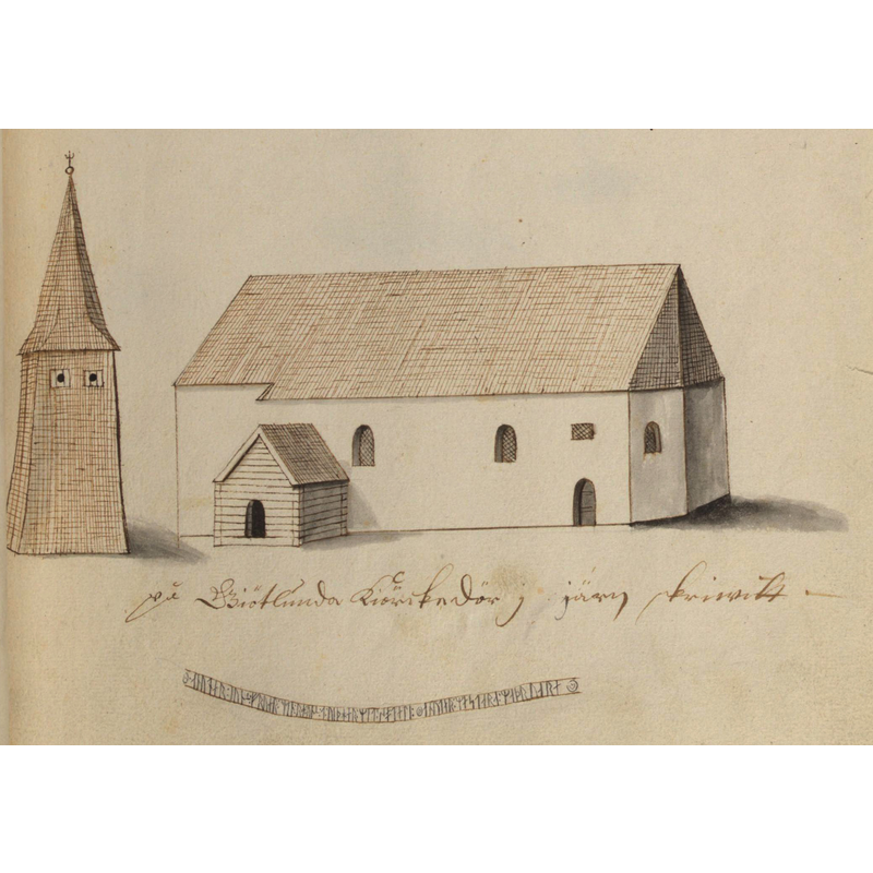 Source caption: "Götlunda kyrka, Västergötland[...] circa 1700 [...] Kyrka, äldre, teckning ur Peringskiölds Monumenta, avfotograferad i färg."