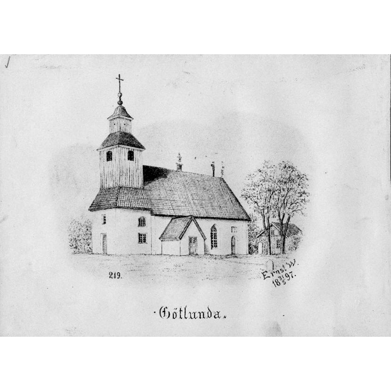 Source caption: "Götlunda kyrka [...] Kyrkan från sydväst. Tryck efter teckning av Ernst Wennerblad 1897."