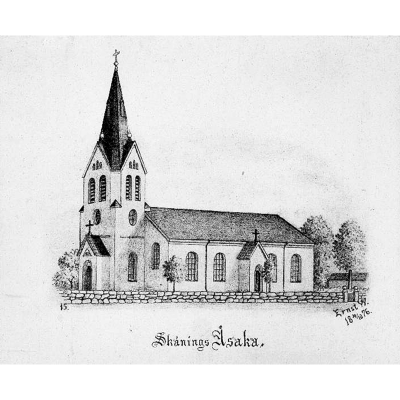 Source caption: "Skånings-Åsaka kyrka [...] Kyrkan från sydväst. Tryck efter teckning av Ernst Wennerblad, 1876." -- the new church of 1873 replaced a medieval one demolished in 1871