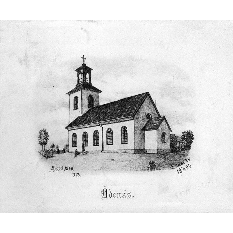 Source caption: "Ödenäs kyrka [...] Kyrkan från sydöst. Tryck efter teckning av Ernst Wennerblad, 1894."